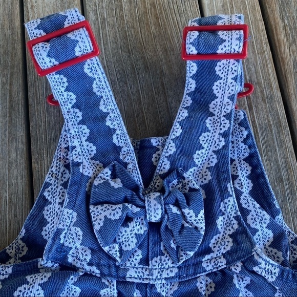 Vintage 80’s 90’s HAPPY KIDS Lace Print Ruffle Denim Overall Romper Toddler 2T - Picture 5 of 11